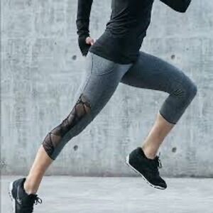 Lululemon Goal Crusher Crop Leggings Grey Heathered Mesh Lace Up Side Pockets